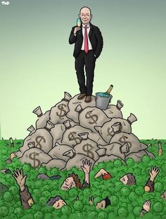 a man standing on top of a pile of rocks with money bags in front of him