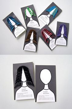 four different types of hair clips are shown on the same sheet of paper, each with an individual's head