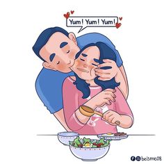 an image of a man and woman kissing over a bowl of salad with the words yum yum yum on it