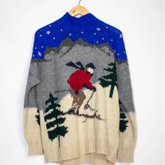 Guc And Rare Find! Hand Knit Lauren Ralph Lauren Man Skiing With Trees. Vintage Classic Winter Sweater From The 1990s Collections (I Believe). The Little Stars In The Sky Are Hand Embroidered And Have Some Texture. They Do Not Make Clothing Like This Anymore! Colors Are Still Rich And Vibrant. Low/Mock Turtleneck 100% Wool Size M Will Be Professionally Cleaned Before Mailing. It's So Beautiful, It's The Kind Of Piece That Would Be Framed At A Ralph Lauren-Esque Ski Lodge! Very Eclectic Grandpa/ Grandma Chic/ Coastal Grandma (If She Skis...) Photo Credit From A Vintage Site. More Pictures Coming Soon. No Stains. Tiny Hole In Sleeve That Can Be Mended. Hard To Find. This Sweater Is Tr Vintage Ski Sweater, Grandma Chic, Eclectic Grandpa, Stars In The Sky, Ralph Lauren Vintage, Ski Sweater, Ski Lodge, Coastal Grandma, Vintage Ski