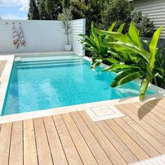 an empty swimming pool with wooden decking and plants in the foreground on a sunny day