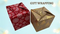 an origami gift wrapper is shown in two different colors and sizes, with the words give wrapping written on it