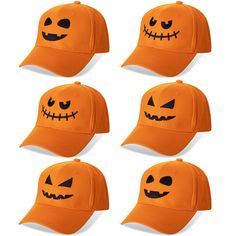 six hats with pumpkin faces on them, all in different shapes and sizes for halloween