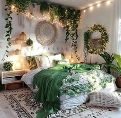 a bedroom decorated with plants and lights