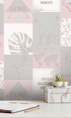 a pink and grey wallpaper with different types of animals, plants and words on it