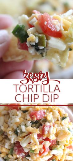 a close up of a plate of food with pasta and vegetables on it, and the title text reads easy tortilla chip dip