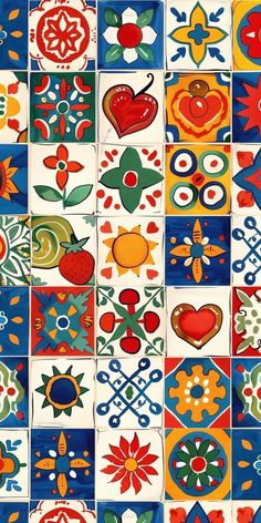 colorful tiles with hearts and flowers on them are arranged in the shape of a square