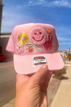 ONE OF A KIND “Pink Peace” Trucker Hat Wild Bohemian Cheap Fun Snapback Hat For Spring, Cheap Fun Trucker Hat For Spring, Cheap Multicolor Trucker Hat For Spring, Affordable Multicolor Trendy Trucker Hat, Playful Pink Trucker Hat One Size, Fun Snapback Trucker Hat With Patches, Fun Summer Snapback Hat With Patches, Fun Summer Trucker Hat With Embroidered Patch, Pink Cap With Patches