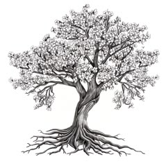 an ink drawing of a tree with white flowers