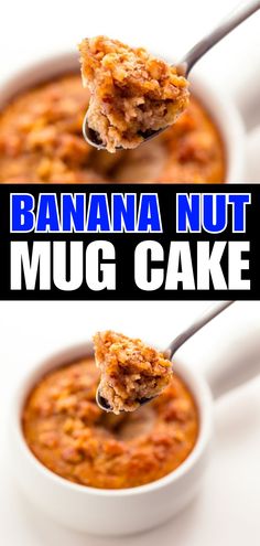 banana nut mug cake in a white bowl with a spoon full of the same batter