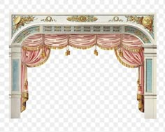 an open stage with pink curtains and gold trimmings, transparent background png