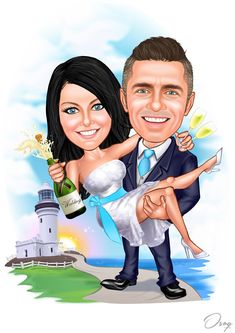 a cartoon caricature of a bride and groom with a lighthouse in the background