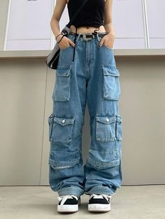 Lasaky - High-Waisted Long Pants with Multiple Pockets and Flared Leg Vintage Jeans Style, Celana Kargo, Look Grunge, Denim Decor, Baggy Cargo Pants, High Street Fashion, Casual Wide Leg Pants, Cargo Pants Women, Women Denim Jeans