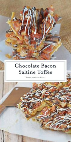 chocolate bacon saltine toffee on a cutting board with the title above it