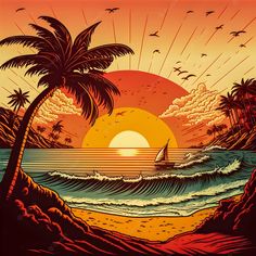 a painting of a sunset over the ocean with palm trees and a sailboat in the water