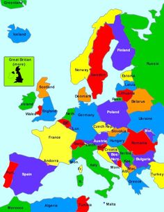 a map of europe with all the major cities and their respective names in red, green, blue, yellow