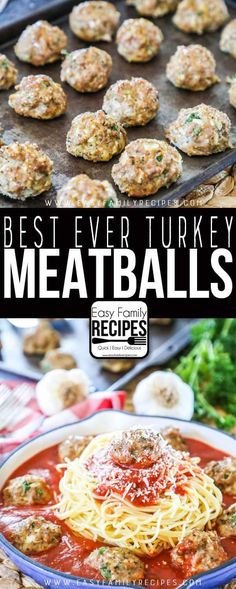 the best ever turkey meatballs recipe is shown in this collage with text overlay