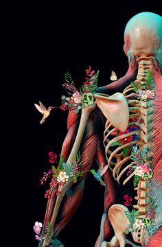 the back view of a human skeleton with flowers and plants on it's ribs