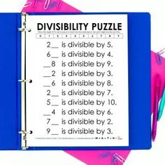 a pink and blue binder with two dividers on top of it that says divisibity puzzle