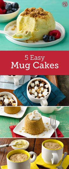 four different mug cakes on plates with the title overlay reading 5 easy mug cakes