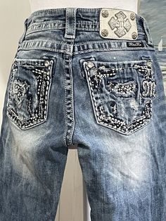 MISS ME Blue Jeans Distressed Blow Out Sz 26x29 Signature Cuffed Straight Bling | eBay Blow Out, Jeans Distressed, Miss Me Jeans, Jean Leggings, Brands Outlet, Miss Me, Low Rise, Blue Jeans, Embellishments