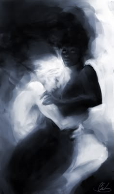 an abstract painting of a woman in black and white with her hands on her hips