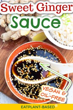 an image of sweet ginger sauce in a bowl with sesame seeds and other ingredients on the side