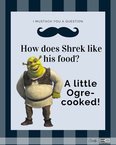 a poster with the words how does shrk like his food? and an image of a