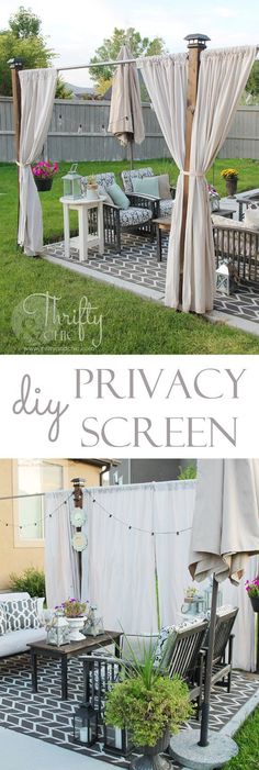 an outdoor privacy screen with chairs and tables in the grass, next to a patio