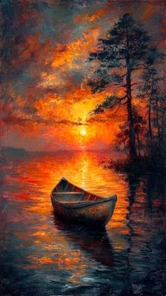 a painting of a boat floating on top of a body of water at sunset with trees in the background