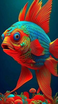 a painting of a colorful fish on a blue background