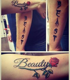 some tattoos that are on someone's arm and the word beauty is written in different languages