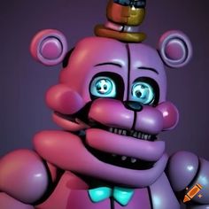 a purple teddy bear with big eyes and a bow tie on it's head