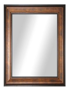 a wooden framed mirror on a white wall