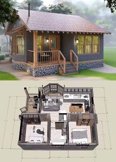 the floor plan for this small cabin is shown in two different views, and it's not very large