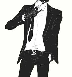 a black and white drawing of a man in a suit with his hand on his tie