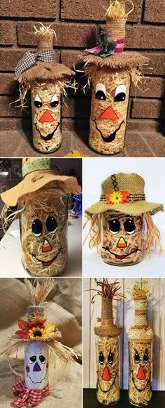 four different pictures of scarecrows made out of straw and burlocks with faces on them