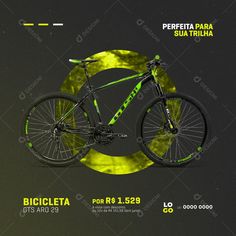 an advertisement for a mountain bike with the image of a bicycle on it's side