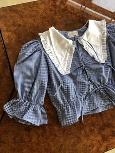 Gingham Blouse, Double Collar, Stil Boho, Couture Mode, Blue Gingham, Cotton Blouse, Soft Grunge