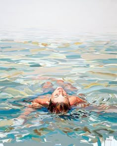 a painting of a woman floating in the ocean with her head above water's surface