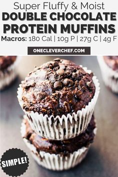 two chocolate muffins stacked on top of each other with the text super fluffy & moist double chocolate protein muffins