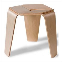 a small wooden stool with an open lid on the top and one leg extended up