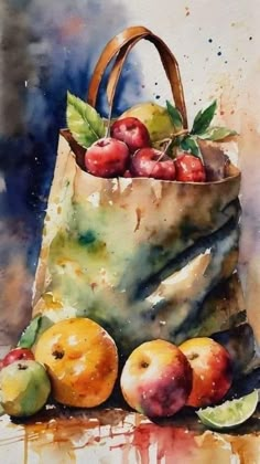 a painting of apples and oranges in a bag on a table with watercolor paint