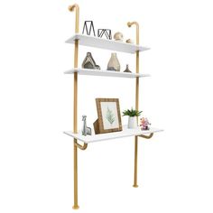 a white shelf with three shelves on each side and two gold handles to the bottom