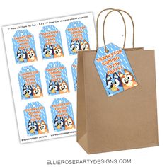 a brown paper bag with penguin stickers on it and some tags attached to it