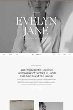 the website design for evelyn jane is shown in black and white, with an image of