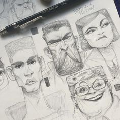 a pencil drawing of people with different facial expressions