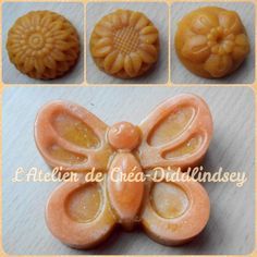 four pictures of different shapes and sizes of soaps with flowers on them, including an orange butterfly