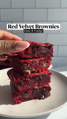 red velvet brownies are stacked on top of each other