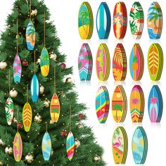 a christmas tree with surfboards hanging from it